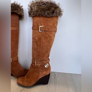 Michael Kors Brown Suede Knee-High Boots with Fur Trim